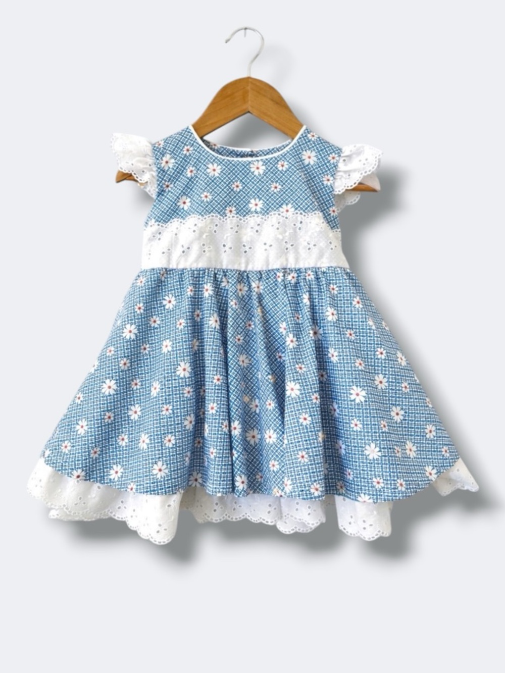 Rebecca Raggs Floral Dress Girls 24M Blue Cottagecore Daisy Eyelet Lace USA